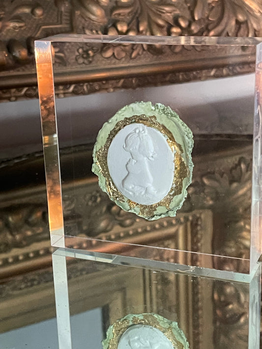 Praying girl in green watercolor wash