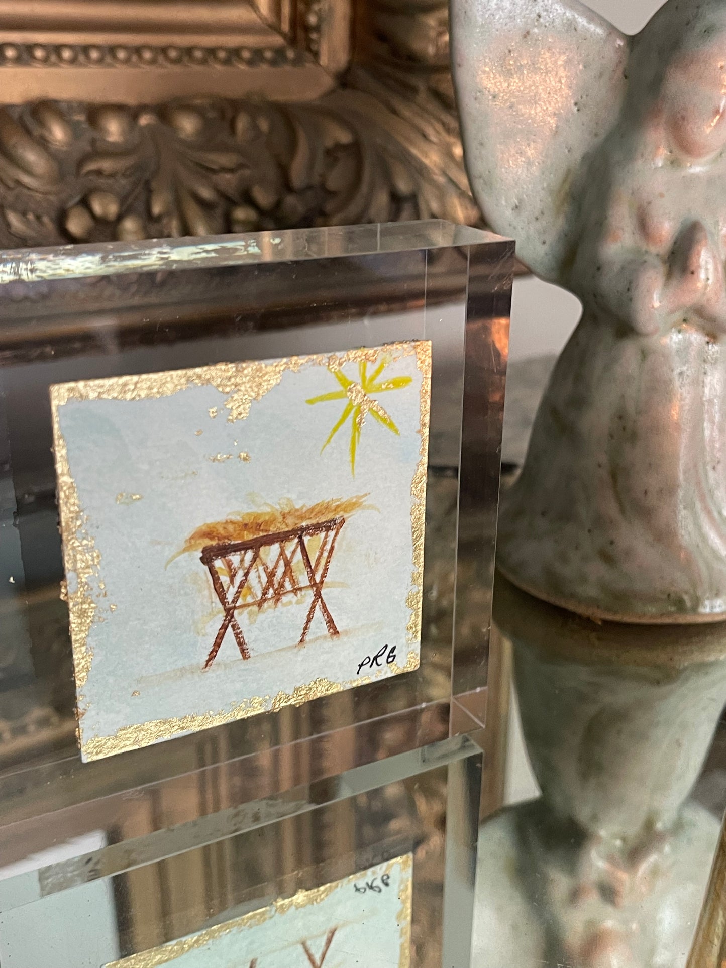 Light Blue Manger - Hand-painted composition presented on acrylic