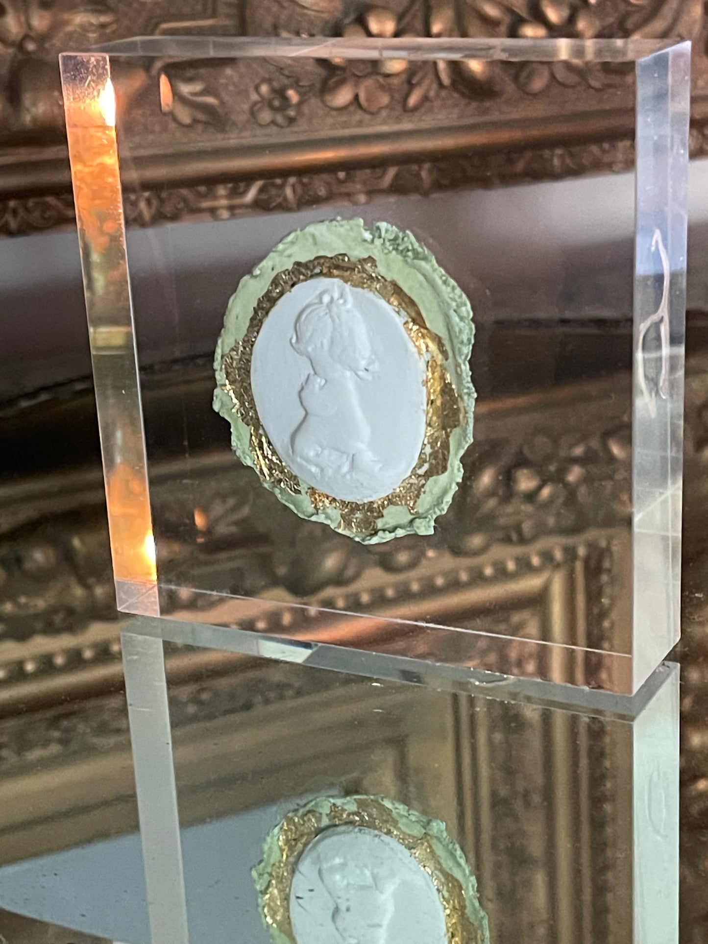 Praying girl in green watercolor wash