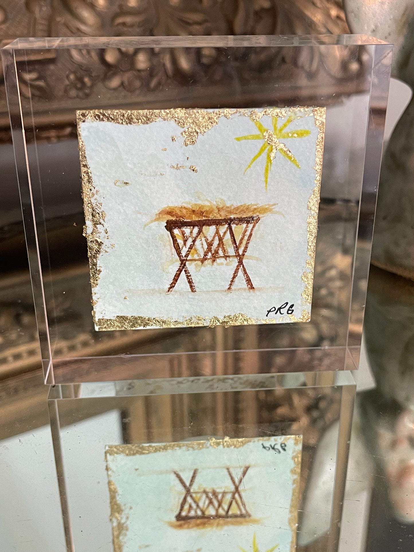 Light Blue Manger - Hand-painted composition presented on acrylic