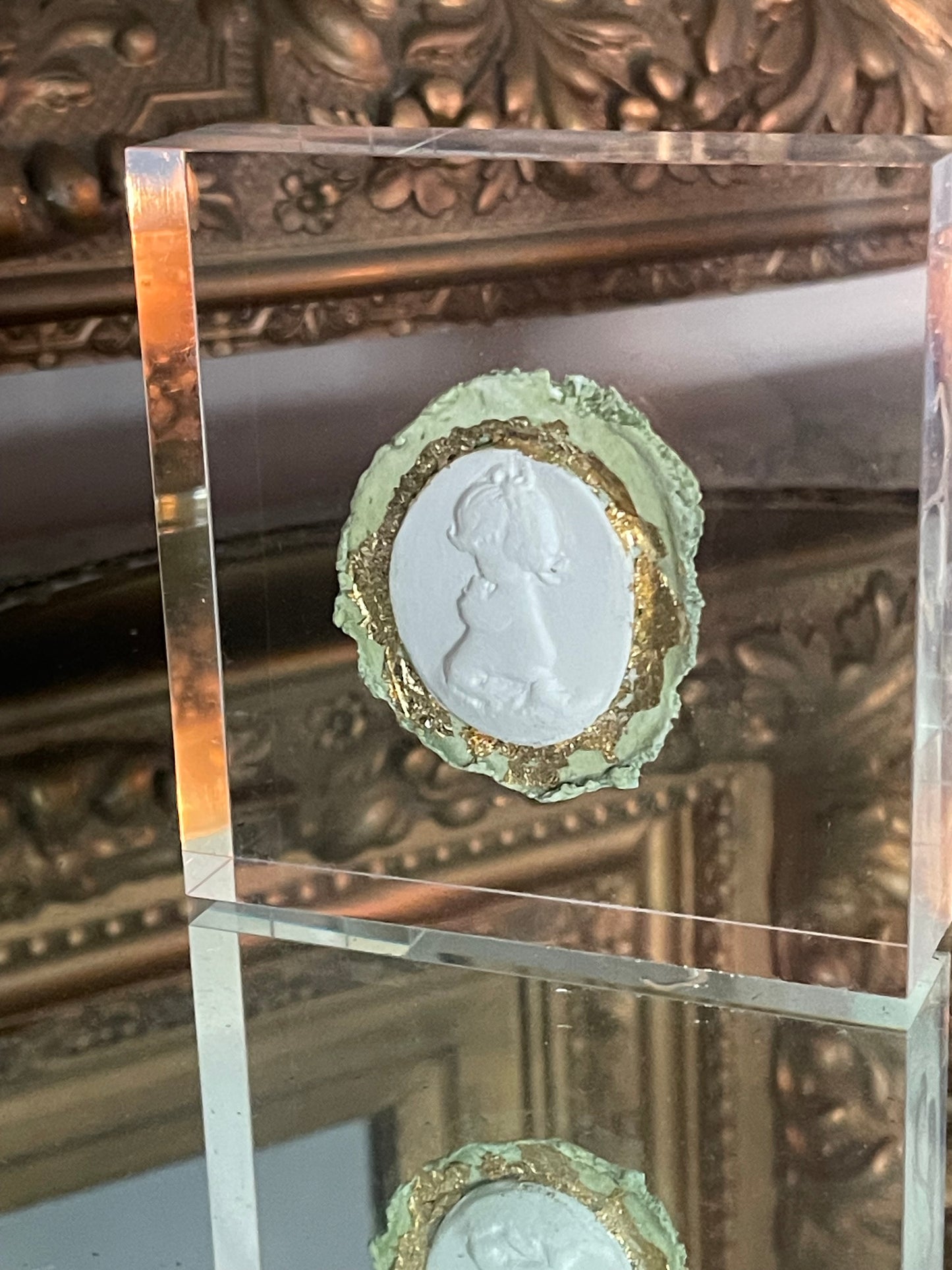 Praying girl in green watercolor wash