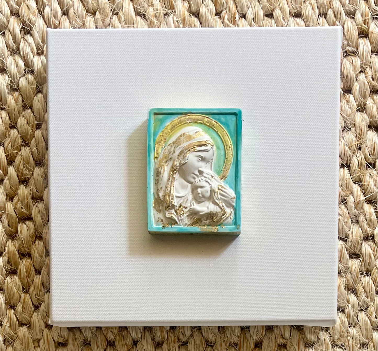 Sacred Embrace – Madonna and Child in Teal, 8x8 Canvas