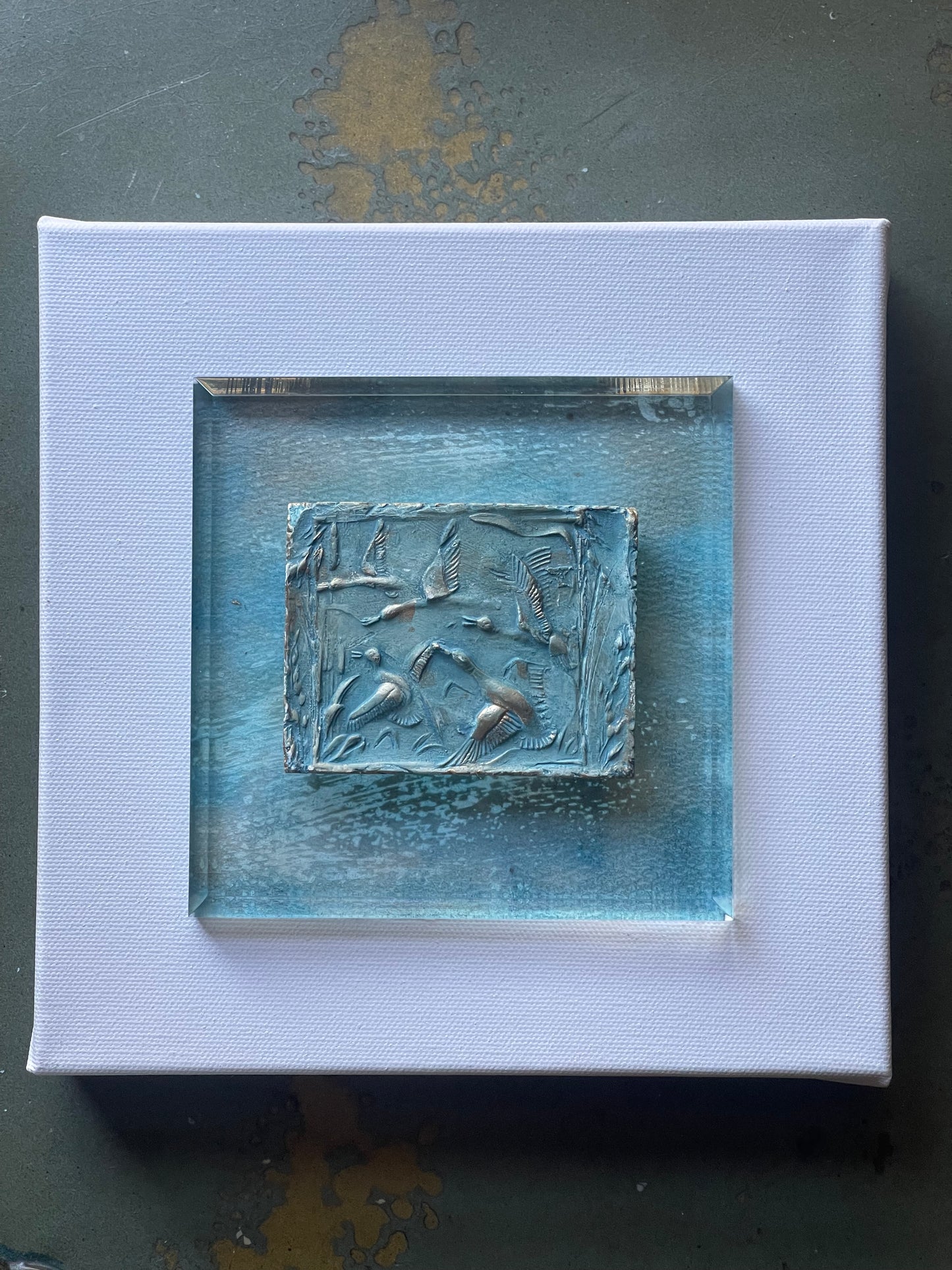 Timber Flight on beveled acrylic with original watercolor background