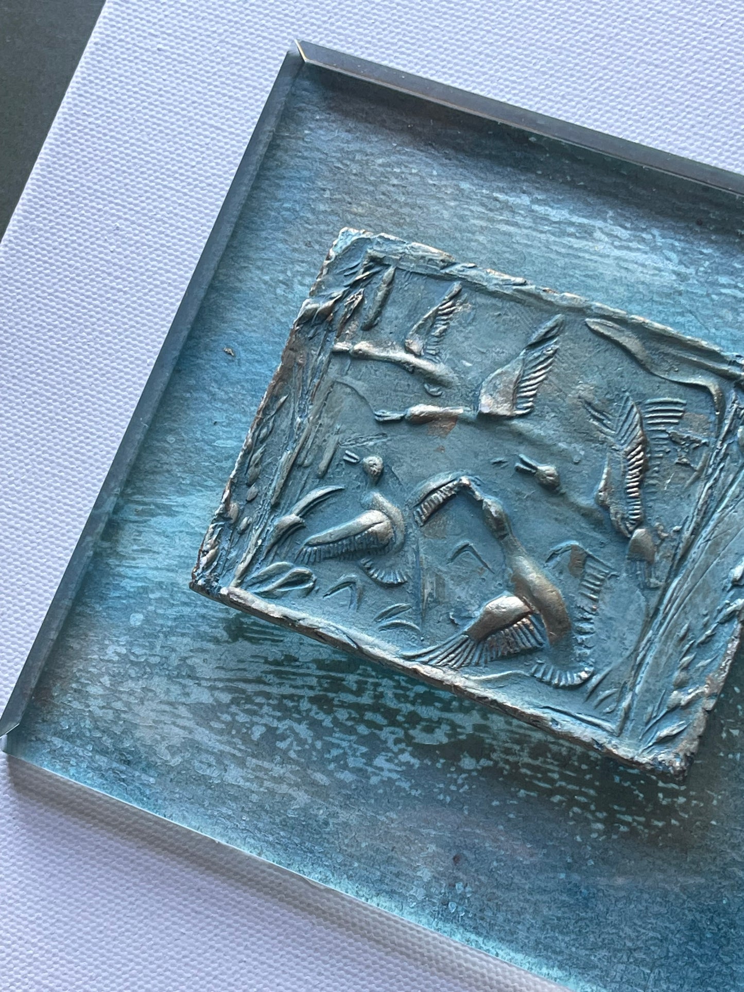 Timber Flight on beveled acrylic with original watercolor background