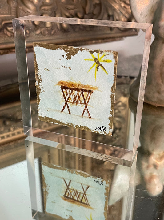 Light Blue Manger - Hand-painted composition presented on acrylic