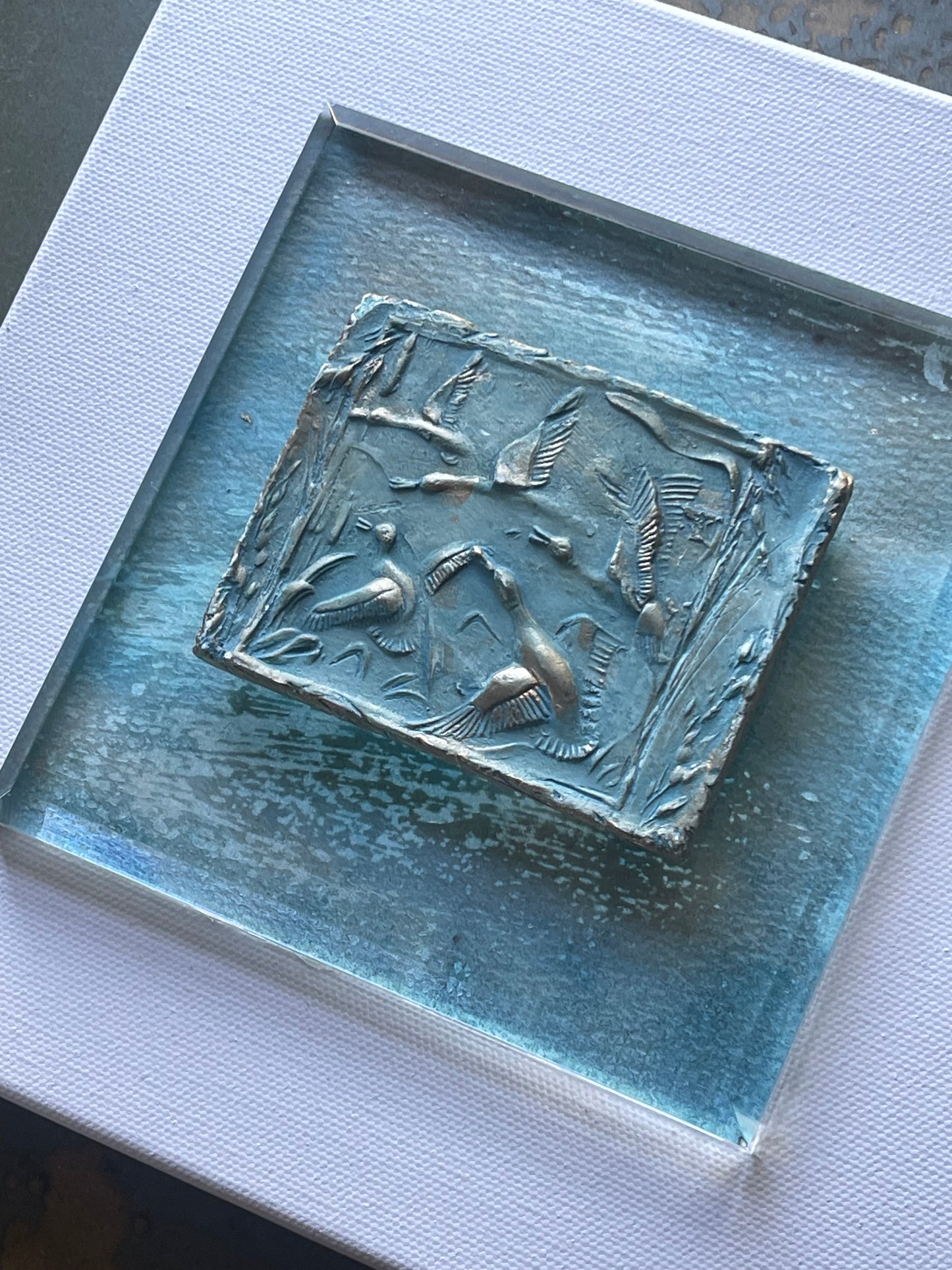 Timber Flight on beveled acrylic with original watercolor background